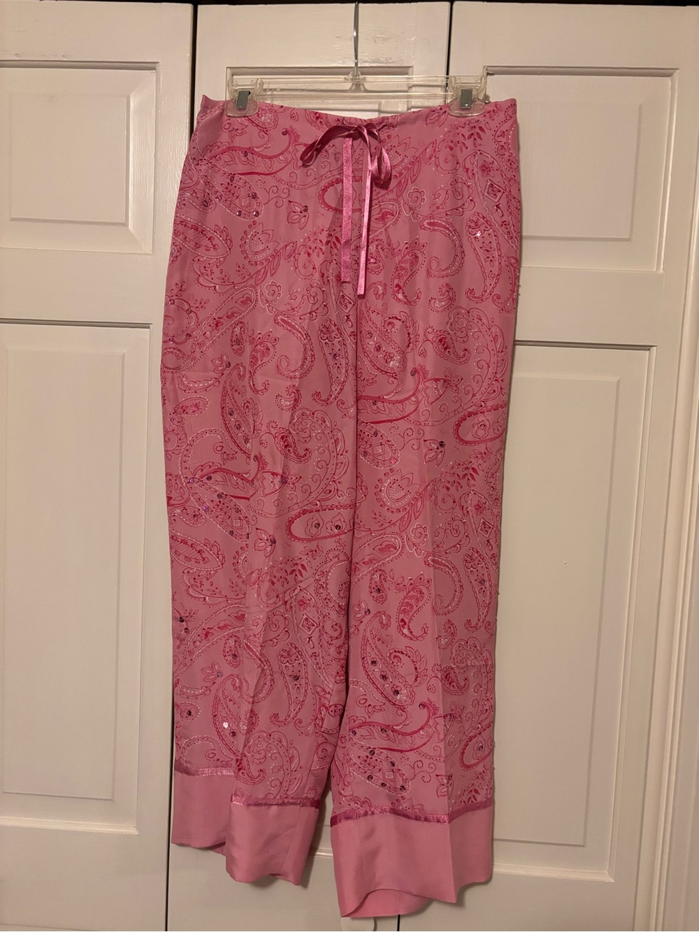 100 % Silk Boston Proper Women’s Pink Paisley Satin-Trim Pajama Pants